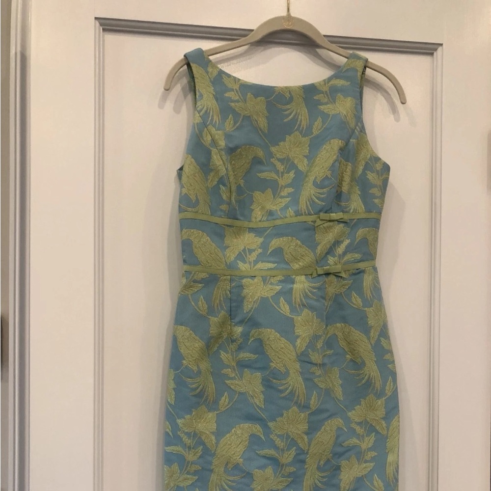VINTAGE Carmen Marc Valvo Blue and Yellow Floral Jacquard Sheath Dress